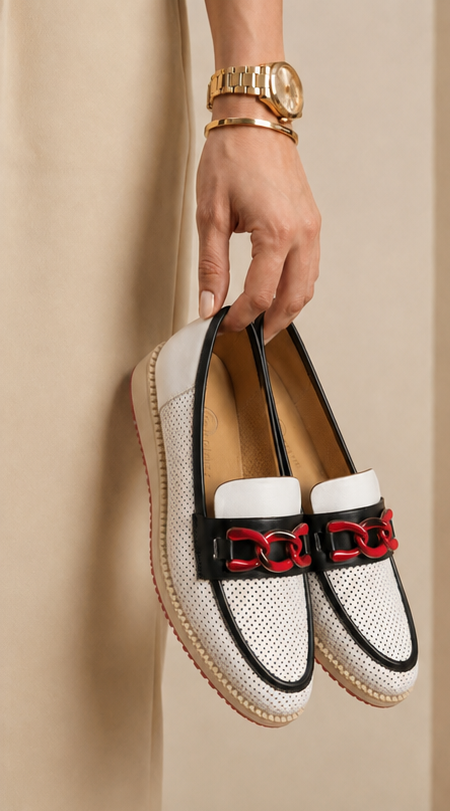 Monochrome Perforated Leather Platform Loafer with Crimson Chain Detail