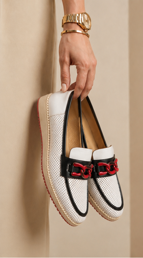Monochrome Perforated Leather Platform Loafer with Crimson Chain Detail