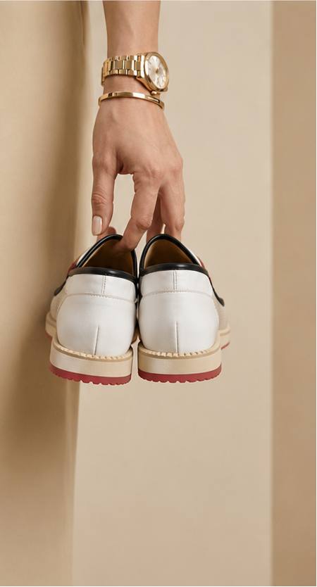 Monochrome Perforated Leather Platform Loafer with Crimson Chain Detail