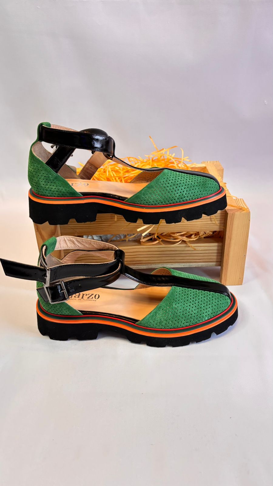 Green & Black T-Strap Sandal