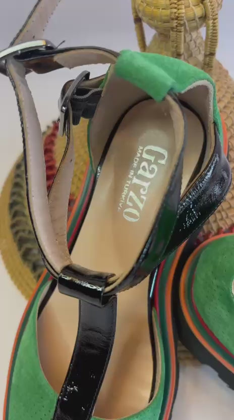 Green & Black T-Strap Sandal